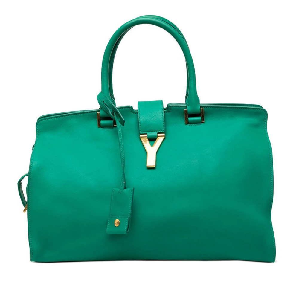 Saint Laurent Y Cabas Handbag Tote Bag Green Leather